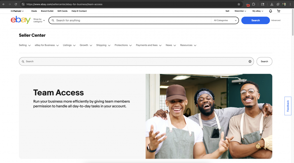 screenshot of ebay seller hub team access page.